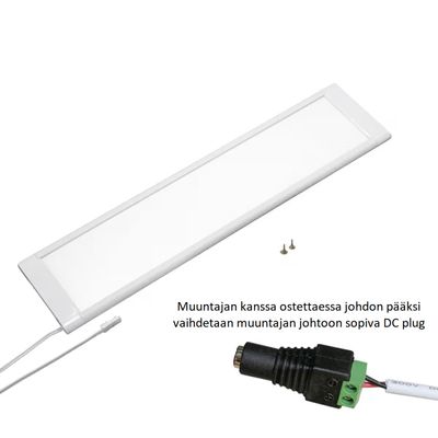Rektangulär vit LED-panelarmatur, utanpåliggande, med nätsladd och fästskruvar på en vit bakgrund.