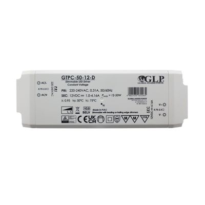 Rektangulär vit GLP GTPC-50-12-D LED-drivdon, dimbar, specifikationer, lampförsörjningsenhet.