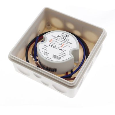 LED-kontroller, rund design, vit kapsling med märkning, ansluten röd, blå och brun ledare