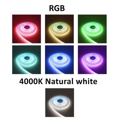 RGB LED-ljusband: rött, grönt, blått, gult, cyan, violett, 4000K off-white ljusband.