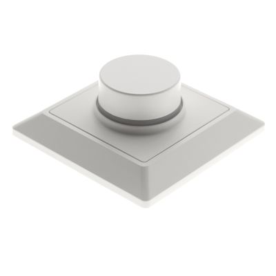 Vit LED-dimmerströmbrytare med stor vridknapp för styrning av inomhusbelysning. Platt bakgrund.