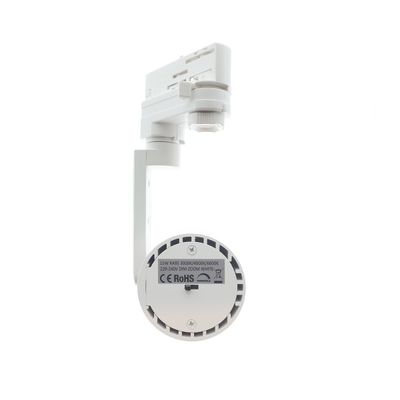 Vit LED-ljusramp med cylindriskt huvud, bakifrån med elektrisk information och certifieringsetiketter.