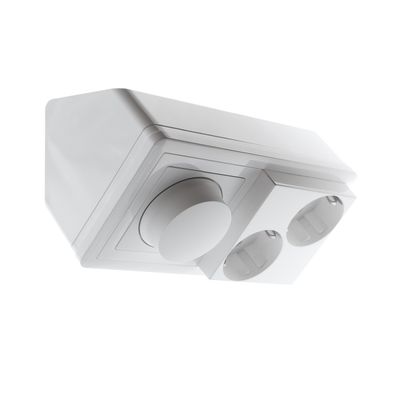 Väggmonterad LED-dimmer, vit, med två euro-uttag för ljusstyrning och strömanslutning.