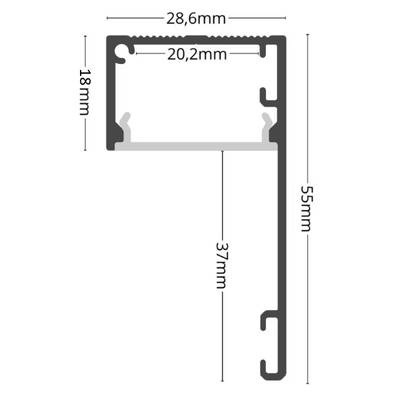 Teknisk ritning av svart LED aluminiumprofil, L-formad 28,6x55mm, innerbredd 20,2mm, innerhöjd 37mm.