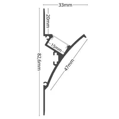 Tvärsnitt av LED-belysningsprofil med måtten 33 mm, 20 mm, 15 mm, 47 mm och 82,6 mm för installation.