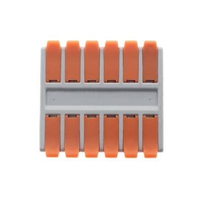 Ett elektriskt kontaktblock med tio orangefärgade spakar, sett uppifrån, som används i LED-belysningsinstallationer.