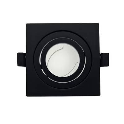 Fyrkantig svart infälld LED-downlight, rund öppning, taklampa mot vit bakgrund.