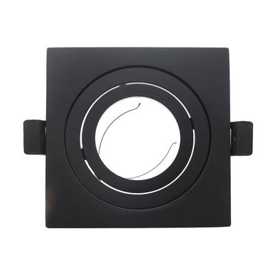Fyrkantig svart infälld LED-downlight, rund öppning, taklampa mot vit bakgrund.