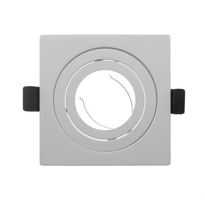 Fyrkantig infälld LED-downlight, grå ram, rund mittdel, två svarta fästklämmor på vardera sidan.