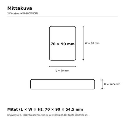 Teknisk ritning av LED-armaturens hölje, mått 70 x 90 x 54,5 mm, måtten angivna på finska