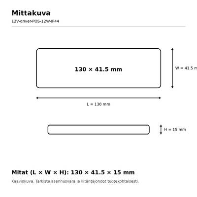 Schema över LED-styrenhetens hölje, 130 × 41,5 × 15 mm, med angivna mått för längd, bredd och höjd