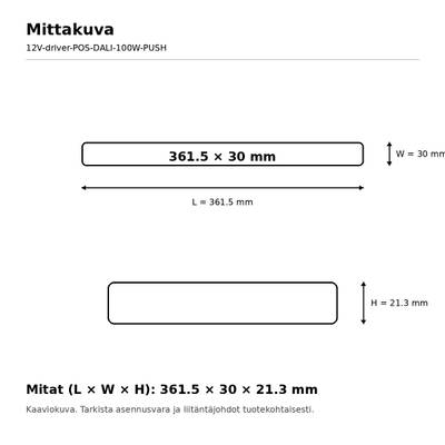 Schema över LED-armaturens stomme: längd 361,5 mm, bredd 30 mm, höjd 21,3 mm; måtten är markerade med pilar.