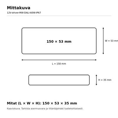 Diagram över måttkonfigurationer för LED-armaturer: 150 x 53 mm och 150 x 53 x 35 mm med LED-mått.
