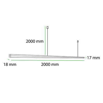 Schematisk bild av en rektangulär LED-armatur, längd 2000 mm, bredd 18 mm, höjd 17 mm, upphängd i två vajrar för moderna belysningslösningar.