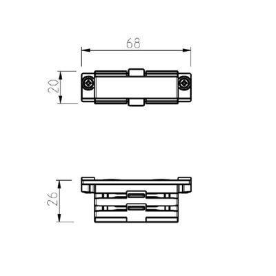 Tekniskt diagram: mått på rektangulärt kontaktdon - uppifrån: 68mm x 20mm, från sidan: höjd 26mm, för LED-belysningskomponenter.