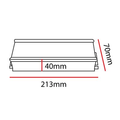 Linjeritning av ett trapetsformat LED-armaturhus, mått markerade: höjd 70 mm, toppbredd 40 mm, bottenbredd 213 mm.