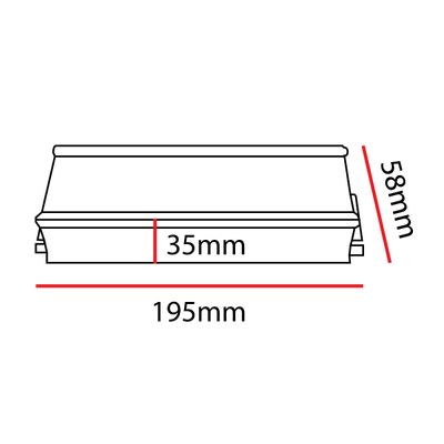 Diagram som visar måtten på en rektangulär LED-lampa: 35 mm bredd, 195 mm längd och 58 mm höjd, perfekt för kompakta belysningslösningar.