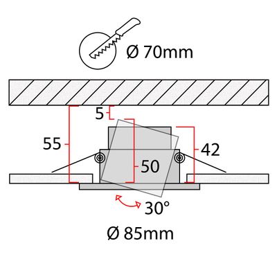 Installationsschema för taklampa med måtten: 70mm, 50mm, 85mm. Armaturen lutar till en vinkel på 30° tack vare den justerbara LED-belysningen.