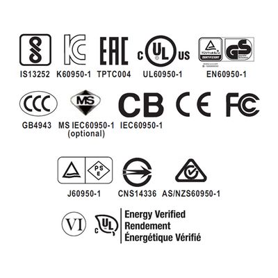 Internationella certifierings- och efterlevnadssymboler för elektronisk och elektrisk utrustning som stöder LED-belysningsstandarder.
