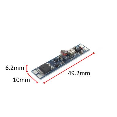 Smalt LED-kretskort (49x10mm) med belysningsteknisk information synlig nedan.