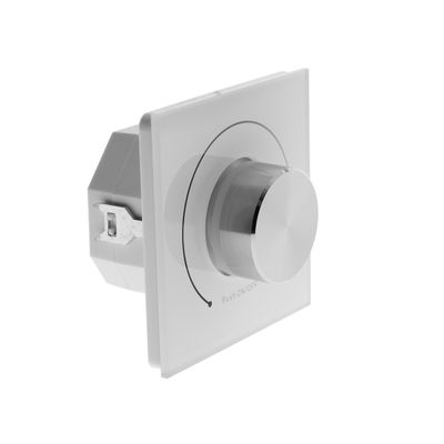 Silverfärgad vriddimmer med vit platta och tryckfunktion för av/på, idealisk för styrning av LED-belysning.