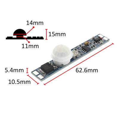 Tunn PIR-sensor för LED-belysning, kompakt kretskort och kåpa, 62,6 x 10,5 x 5,4 mm, kåpa 14 x 15 mm