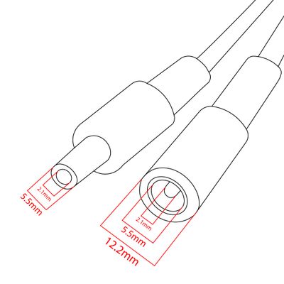 Linjeritning av cylindriska kontakter: den ena 5,5 mm x 2,2 mm, den andra 5,6 mm x 2,1 mm, rödmarkerad för LED-belysningens rörelse SEO.