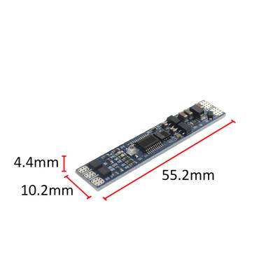 Linjeritning av ett elektroniskt kretskort, mått 55 mm x 10 mm x 3 mm, detaljerat med komponenter - perfekt för LED-belysningstillämpningar.