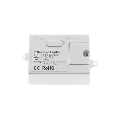 Alternative text: "Vit IR dörr/handbrytare med inställningar, modell, spänningsinformation och RoHS-certifikat för LED-belysning.