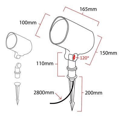 Diagrammet för utomhusbelysningen visar 165 mm huvud, 150 mm höjd, 100 mm bredd, 110 mm justerbar hals, 120 graders vinkeljustering och 200 mm pelarlängd.