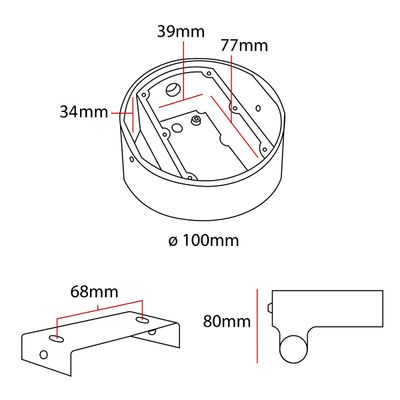 Teknisk ritning: cirkulär LED-enhet, diameter 100 mm, djup 39 mm, bredd 77 mm, höjd 34 mm. L-formad konsol: hålbredd 68 mm, djup 80 mm.