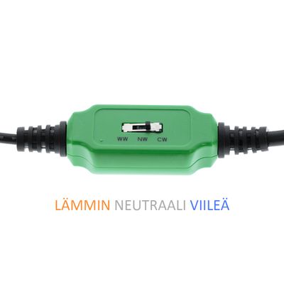 Grön strömbrytare för LED-lampor med "WW", "NW" och "CW"-etiketter; texten nedan i orange, grått och blått: "VARM NEUTRAL KALL.