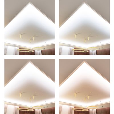 Fyra bilder av ett takhörn med olika färger på LED-belysningen: vit, gul, kall och varm mix samt varmare nyanser. Optimalt för moderna interiörer.