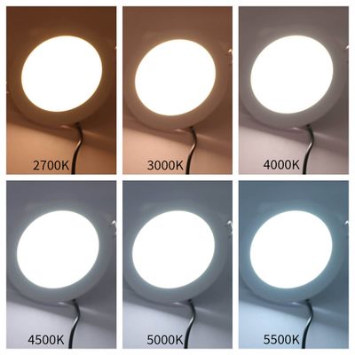 Jämförelse av LED-ljusfärgtemperaturer: 2700K, 3000K, 4000K, 4500K, 5000K & 5500K i sex cirkulära armaturer.
