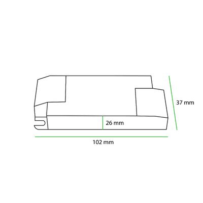 Rektangulär LED-ljuskarta; mått: längd 102 mm x 37 mm höjd x 26 mm bredd; detaljerade vinklade sidor för effektiv LED-belysning.