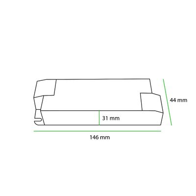 Bild av ett rektangulärt LED-paket märkt "längd 146 mm, höjd 44 mm" med en markerad del på 31 mm för enkel identifiering.