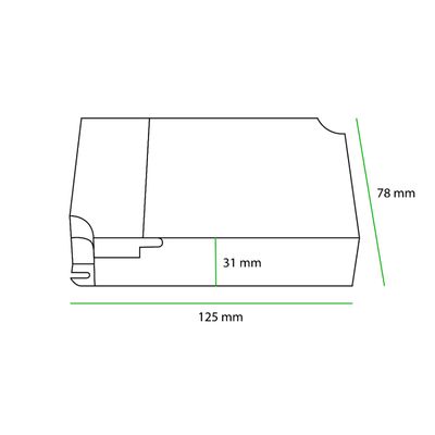 Linjeteckning av en rektangulär LED-lampa som är 125 mm lång, 78 mm hög och 31 mm bred med konturer och kanter för att förbättra sökmotoroptimeringen.