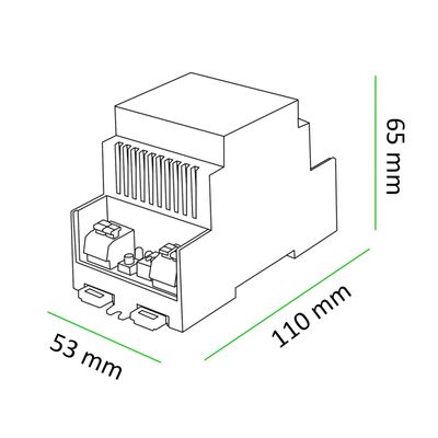 Linjeteckning av en elektronisk LED-enhet, med måtten 110x65x53 mm, för en effektiv LED-rörelsebelysningslösning.