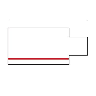 Logotyp för LED-belysningsföretag: svart rektangulär kontur med en höger skåra; röd horisontell linje genom mitten, symboliserar energieffektivitet och modern design.