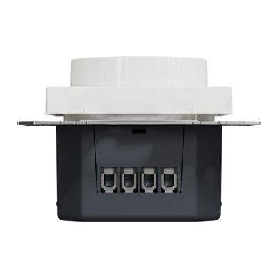 Närbild av LED-ljusströmbrytare, synliga kontakter och kablage, med vit vägg i bakgrunden.