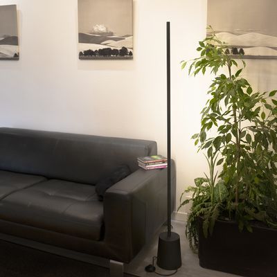Modernt vardagsrum med energieffektiv LED-belysning, svart skinnsoffa, golvlampa, krukväxter och monokroma landskapsmöbler.