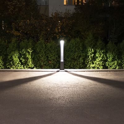 En nattstig upplyst av en enda LED-belysningsstolpe som kastar långa skuggor, omgiven av frodiga gröna buskar; perfekt för utomhusbelysning.