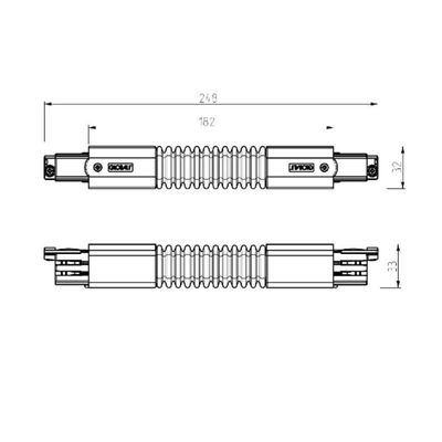 Teknisk ritning med en dragspelsformad mekanisk del med detaljerade mått, uppifrån- och sidovy; idealisk precision för LED-belysningsinstallationer.