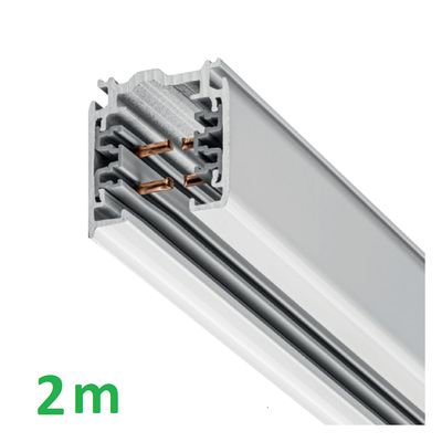 Närbild av en silverfärgad 2 m skena med två synliga kopparledare, perfekt för LED-belysningsinstallationer.