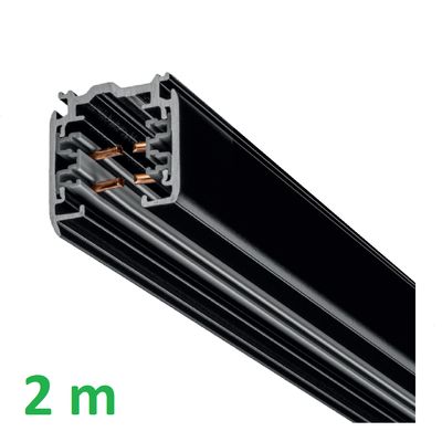 Diagonalbild av en svart 2 m skena med kopparanslutningar, perfekt för moderna LED-installationer.