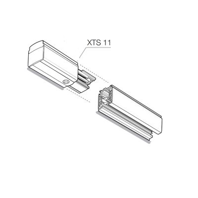 Linjeritning av LED-belysningsskena märkt "XTS 11" med kontaktdon och skenbitar med streckade linjer för montering.