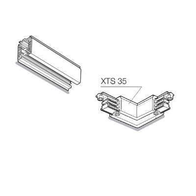 Diagram över en rektangulär metallstång med hörnförband märkt "XTS 35", som illustrerar de strukturella komponenterna och anslutningarna för installation av LED-belysning.