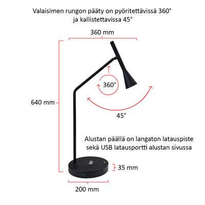 Modern svart bordslampa med justerbar topp, trådlös laddningsbas; bredd 360 mm, höjd 640 mm. Finsk text lyfter fram funktionerna.