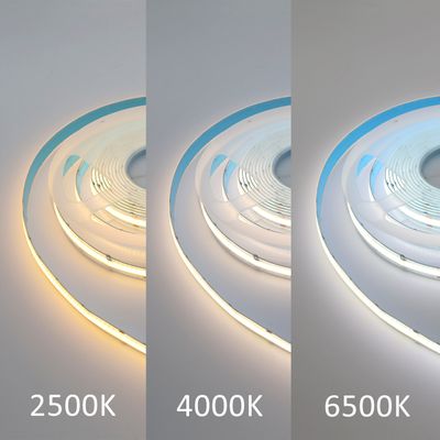 LED-remsor som visar färgtemperaturerna varmvitt (2500K), neutralvitt (4000K) och kallvitt (6500K) snyggt på en yta.