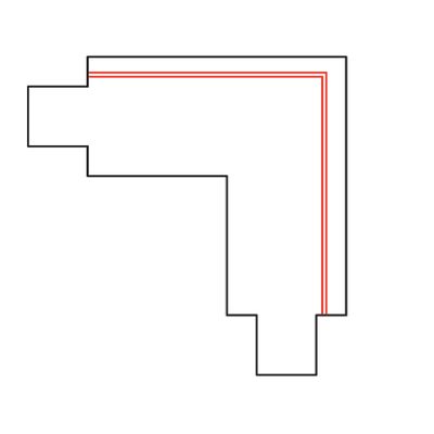 Grafik av ett svart vinklat trapphörn med en mindre röd innerkant på en vit bakgrund, som representerar en modern LED-belysningsdesign.
